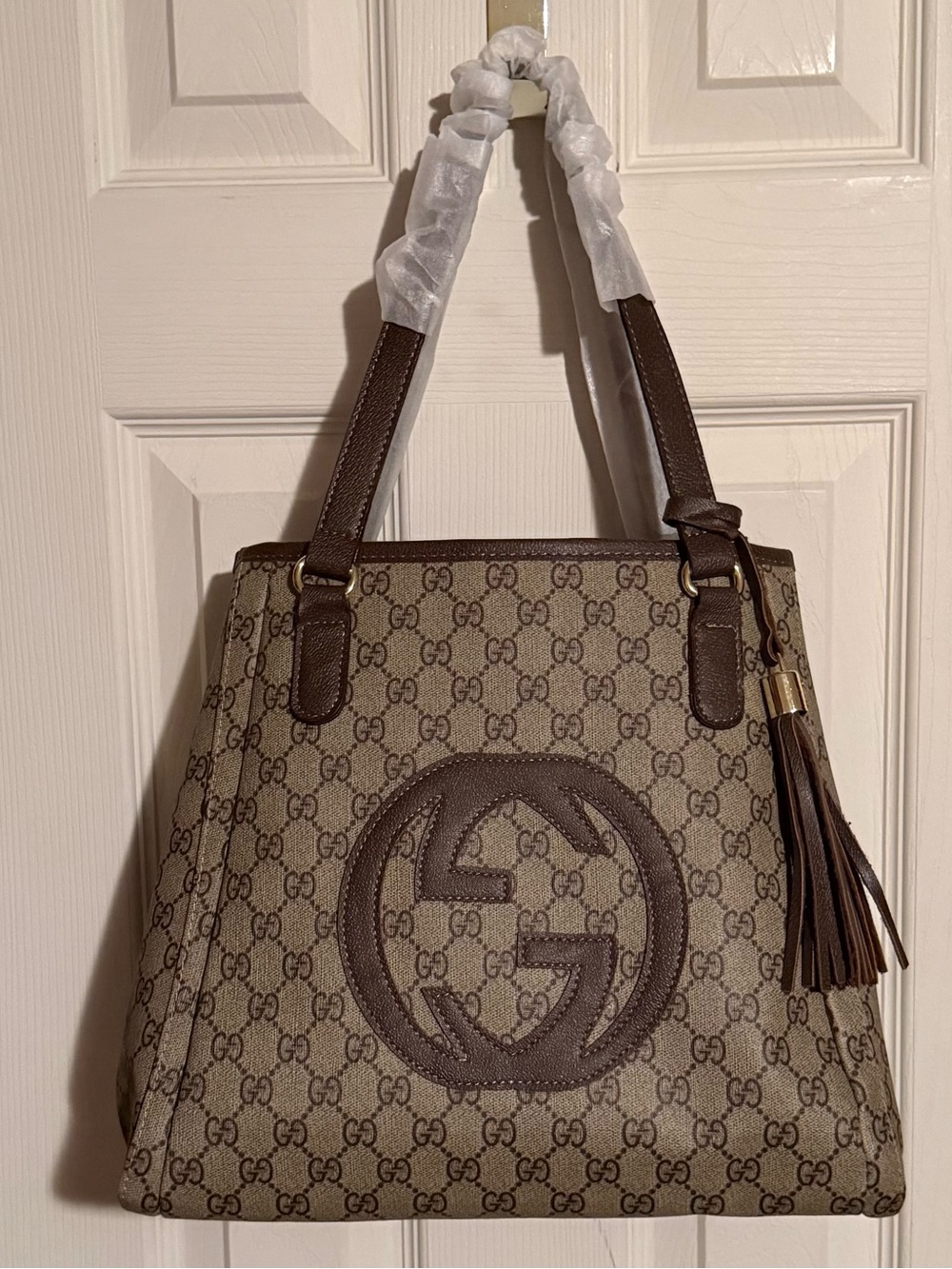 Beige Brown GG Canvas Tote with Tassel